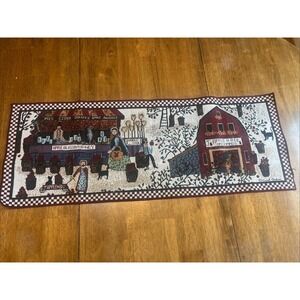 90's Folk Art Americana Apple Orchard Scene Tapestry Table Runner